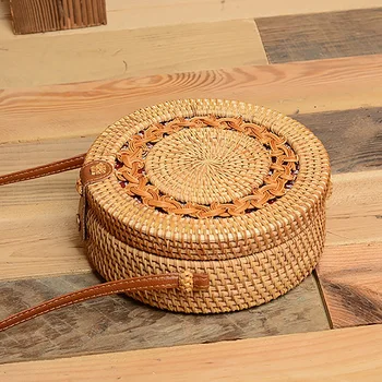 

AUAU-Rattan Bags for Women Handwoven Round Crossbody Bags for Women Bali Rattan Bag with Leather Strap