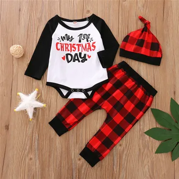 

2020 autumn Baby Girl boys Romper long Sleeve printed letter plaid pants set Casual cute Christmas clothing Outfits 0-12M 3PCS