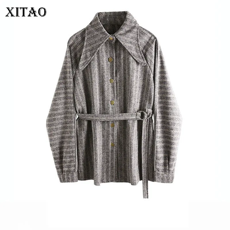 XITAO, винтажная модная блузка, полосатая, женская,, зимняя, бандажная, элегантная, маленькая, свежая, повседневная, длинный рукав, миноритарная рубашка, DMY1963