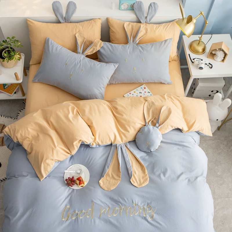 Cute Big Ear Rabbit Embroidery 100% Washed Cotton Girl Bedding Set Full Queen King Duvet Cover Bed Sheet/Linen Pillowcase 3/4pcs | Дом и сад