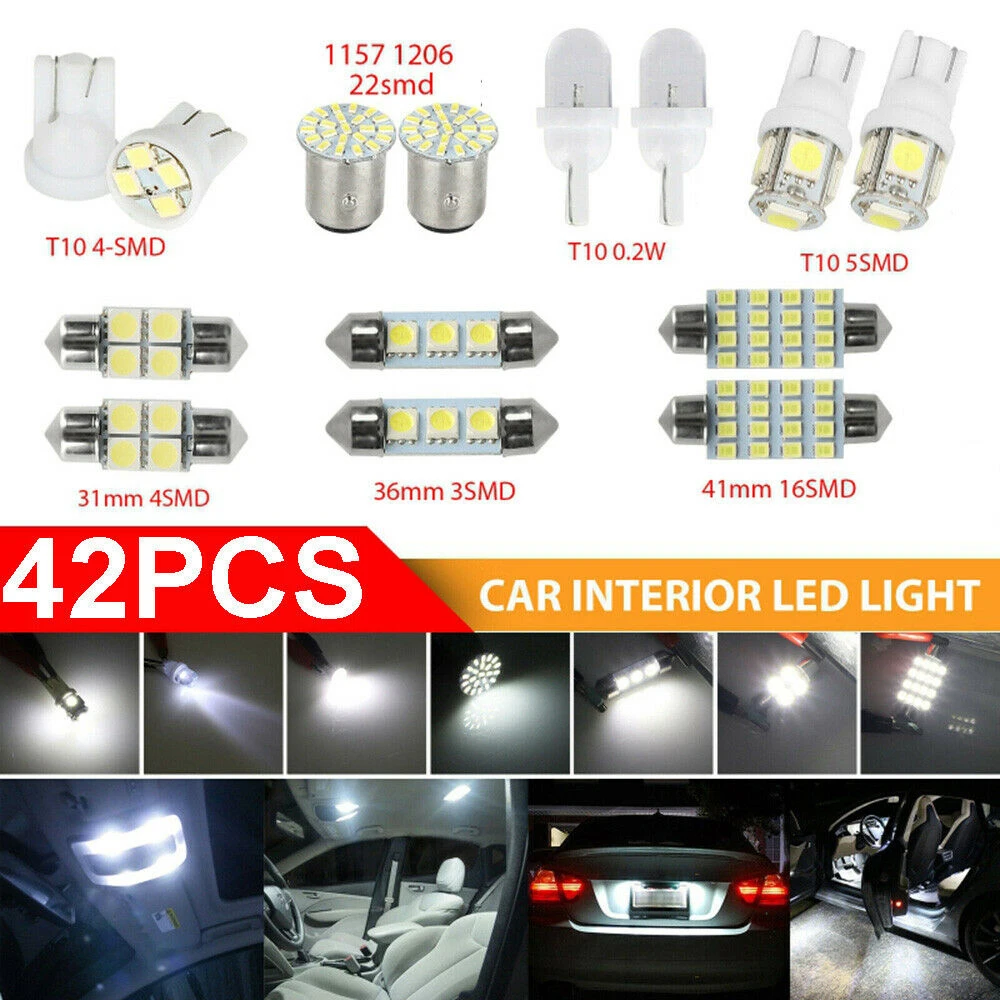 

42Pcs Auto Car Interior White LED Lights For Dome License Plate Mixed Lamp Accessories