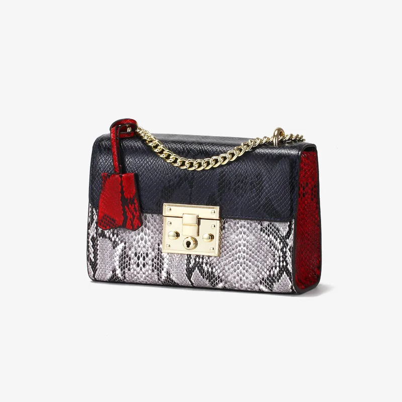 

Luxury Retro Snake Print Shoulder Bag Women Genuine Leather Mini Square Crossbody Bags Single Chain Sling Bag Lock Purse