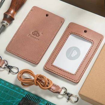 

Customized Handmade Women Men Genuine Leather ID Credit Bank Card Holder Students Bus Card Visit Door Identity Badge Cards Cover