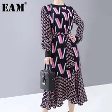 [EAM] женское платье с рисунком, с разрезом, новинка, круглый вырез, длинный рукав, свободный крой, мода, весна-осень, 1N250