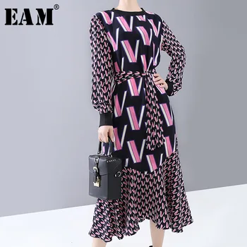 

[EAM] Women Pattern Print Split Temperament Dress New Round Neck Long Sleeve Loose Fit Fashion Tide Spring Autumn 2020 1N250
