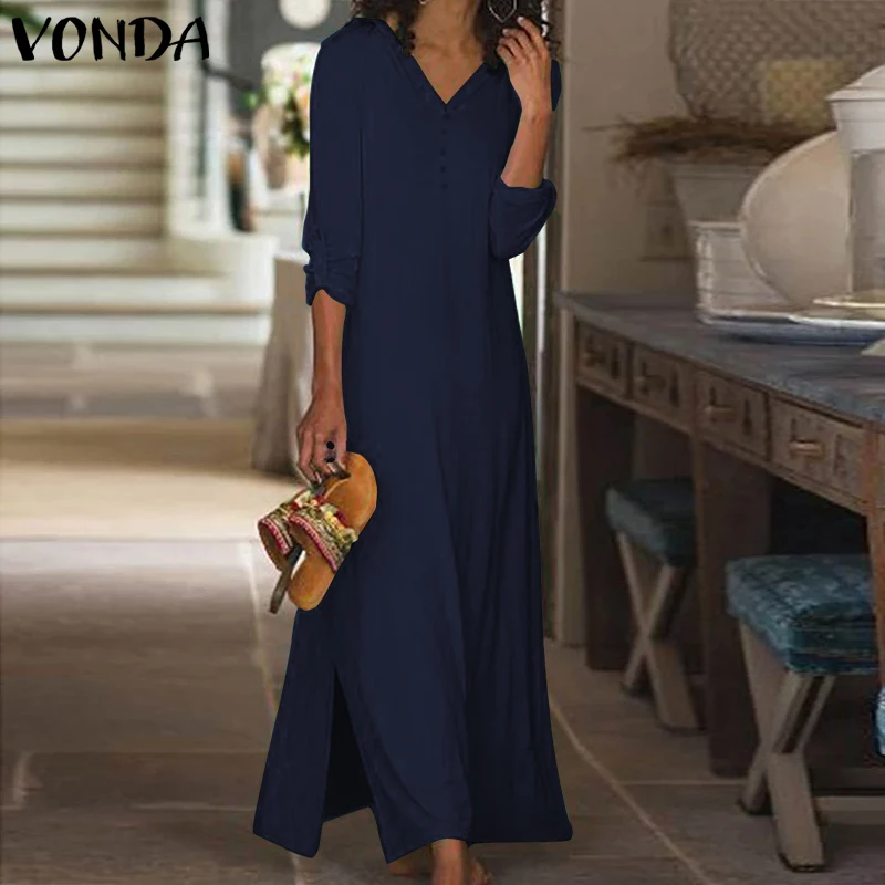 VONDA/богемное платье, пляжные платья, винтажные однотонные вечерние платья с длинным рукавом, длинное платье размера плюс, женское платье, S-5XL, сарафан
