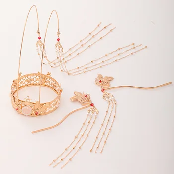 

New Ancient Chinese Style Tiaras and Crowns Hairpins Jewelry Sets Hanfu Dress Gold Color Long Tassel Pearls Phoenix Headwear