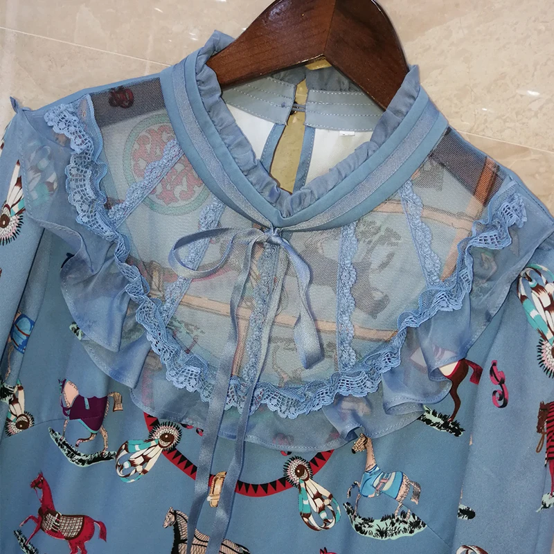 SEQINYY Blue Pleated Dress Vintage Animals Print