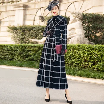 

2020 Autumn Winter Wool Plain Trench Coat for Women England Style Double Breasted Down Outwear Runway Fashion DZ1173