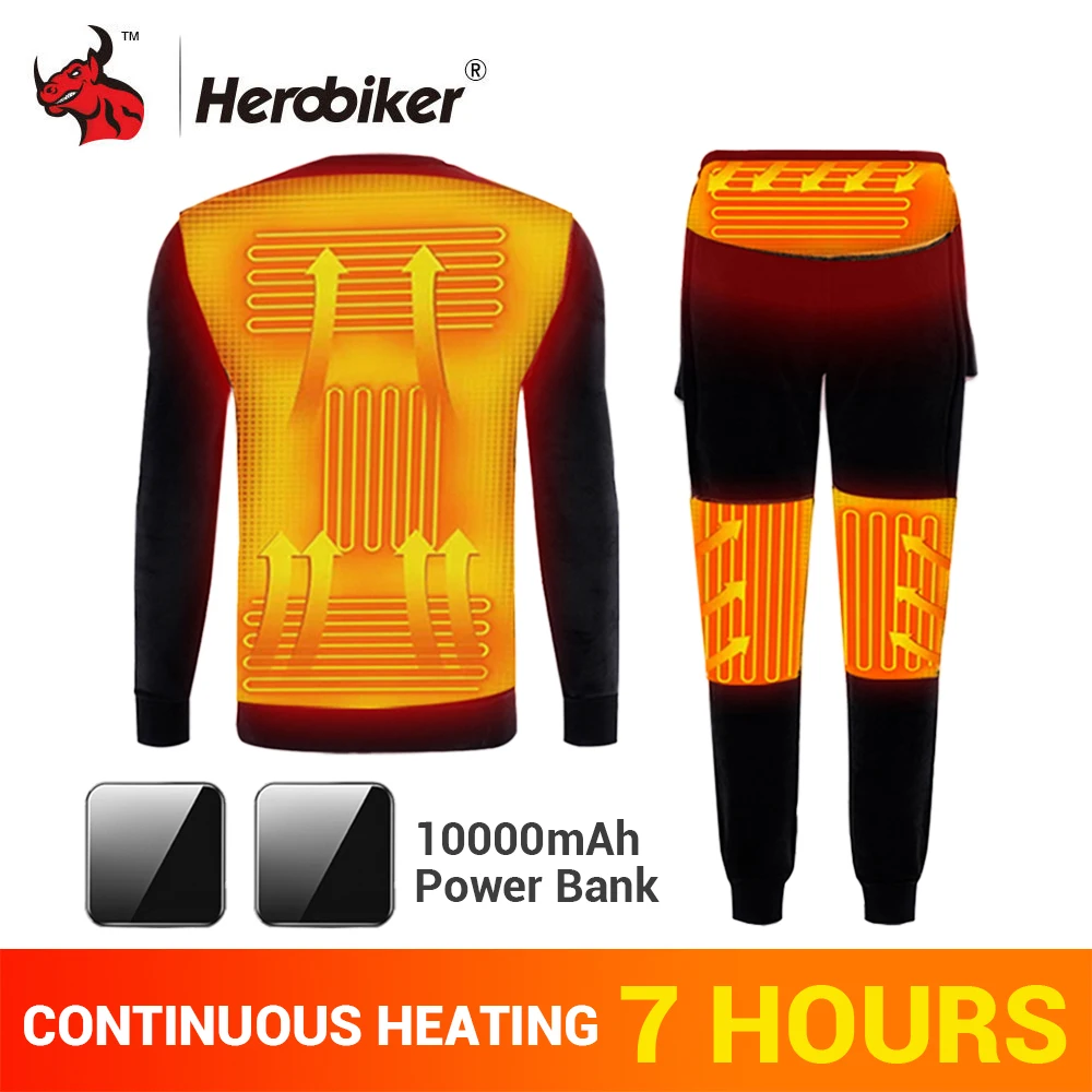 HEROBIKER/комплект зимнего нижнего белья с подогревом, мотоциклетная куртка, мотоциклетная куртка с USB электрическим подогревом, флисовые теплые подштанники, топы и штаны - изображение