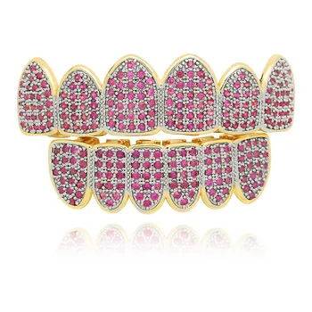 

Rose Red Cubic Zircon Teeth Grills Set Golden Hip Hop Iced Out Mouth Grills Top&Bottom Dental Grills Drop Shipping