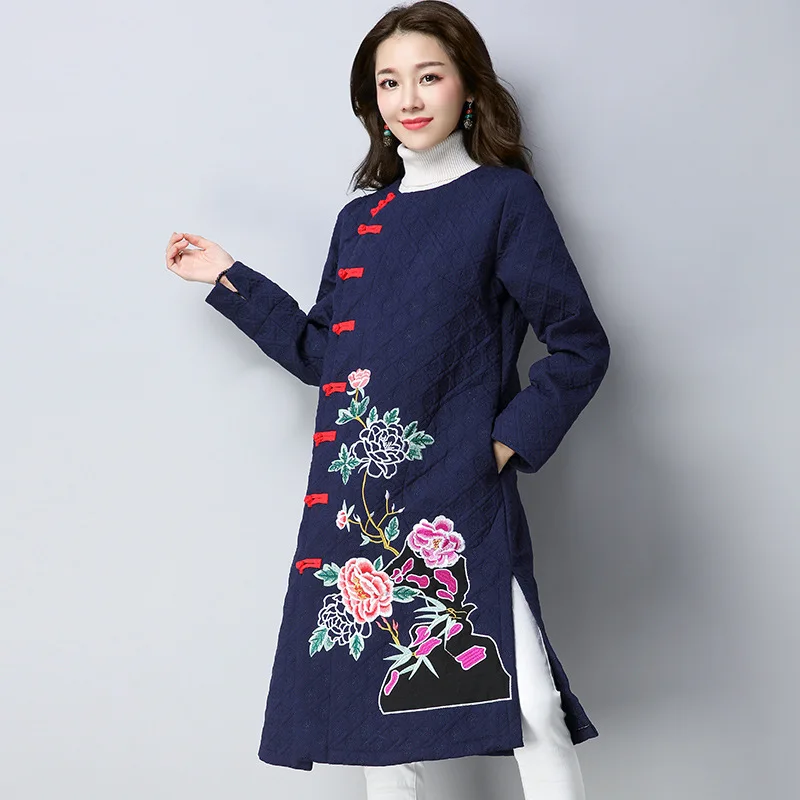 

2018 Autumn And Winter Mid-length Embroidery Large Size Middle-aged Women Dress National Wind Embroidery Cotton Coat