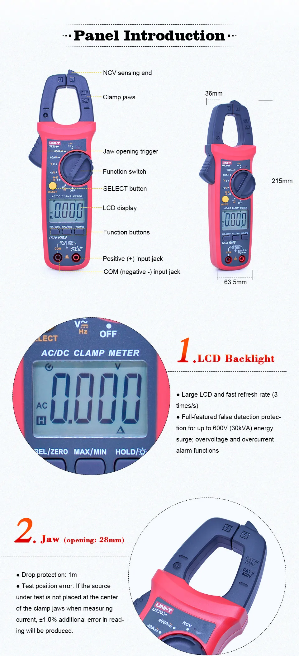 True RMS цифровой клещи AC DC напряжение AC Ток Тестер UNI-T UT201+ UT202+ UT202A+ UT203+ UT204+ Диод Непрерывность тест NCV