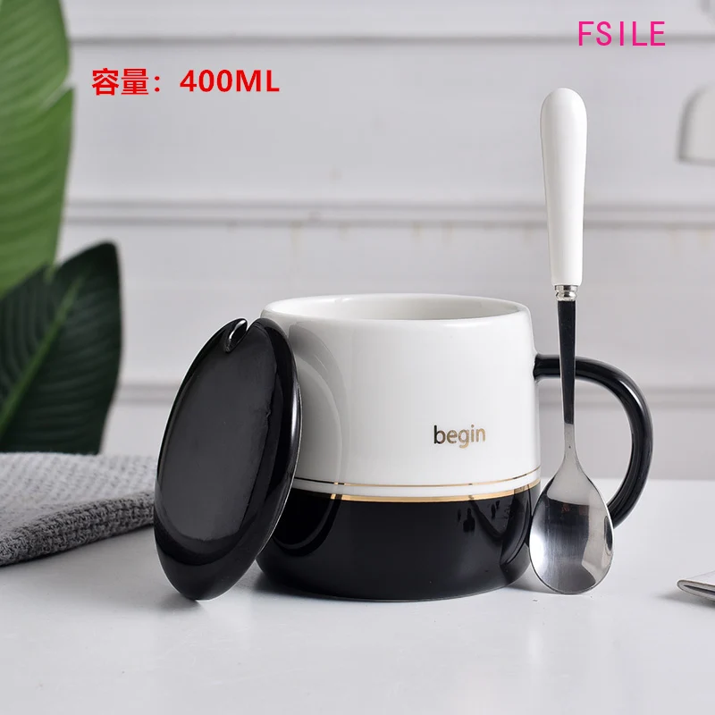 

Temperament Fashion Trend Household Water Cup Ceramic Mug Men and Women Couple Coffee Milk Cup with Lid Spoon Breakfast Cup