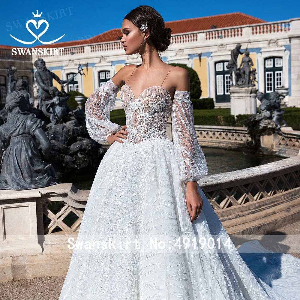 Сексуальное свадебное платье с бусинами, юбка-лебедка I180 с аппликацией, а-силуэт, съемный рукав, открытая спина, свадебное платье принцессы, Vestido de Noiva