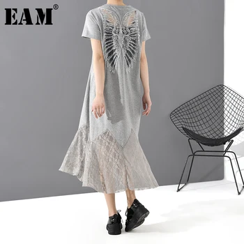 

[EAM] Women Gray Hem Lace Split Temperament Midi Dress New Round Neck Short Sleeve Loose Fit Fashion Tide Spring Summer 2020