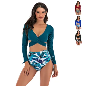 

Women's Long Sleeves Wrap Push up High Waist Print Bikini Swimsuit
