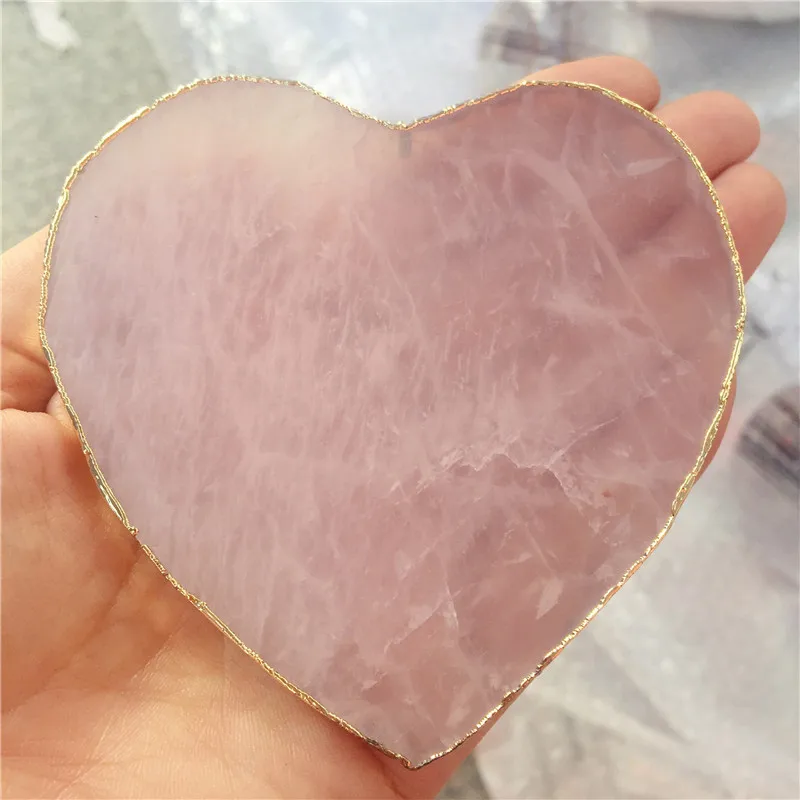 

Natural Rose Quartz Powder crystal Coaster Heart Crystal Platter Electroplated Gold Color Jewelry for Cup Mat Display Gift 1Pcs