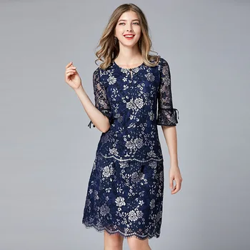 

2020 Women Autumn New Style Casual Lace Two Piece Set Dress Elegant Temperaent Half Flare Sleeve Straight Skirt Big Size 5XL