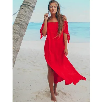 

Sexy Off Shoulder Women Tunic Beach Dress Swim Suit Short Sleeve Solid Cover Up Summer Maxi Beach Dresses For Women Swimsuits