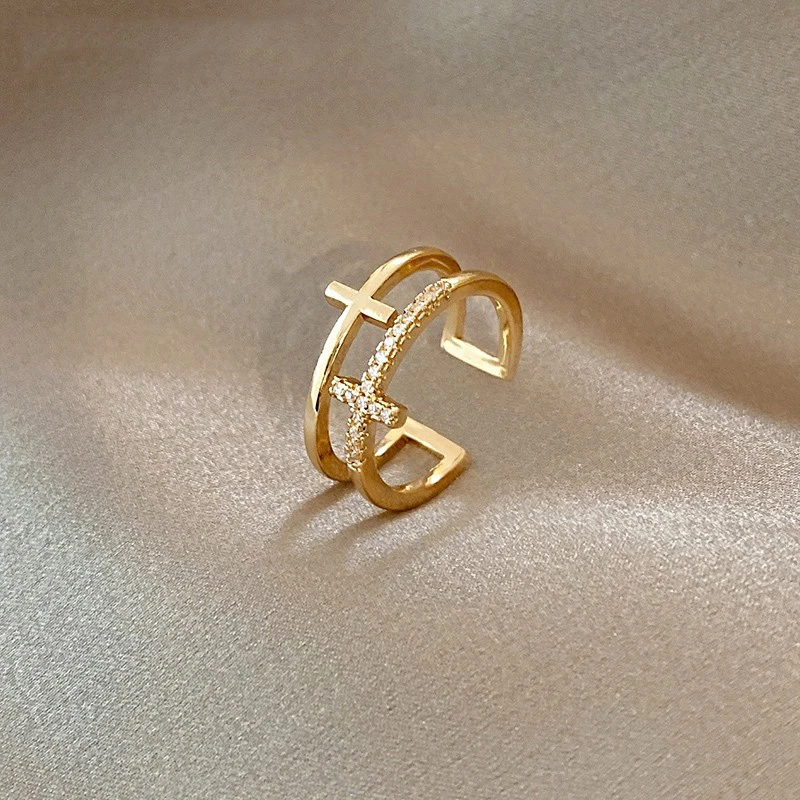 Fashion Double-Layer Cross Stackable Cubic Zirconia Silver Color Adjustable Finger Rings For Women Bling Korean Jewelry