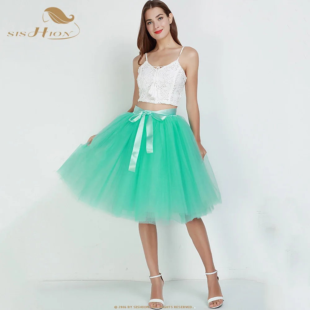 mint green SISHION 7 слоев Модная Тюлевая юбка плиссированные юбки-пачки QY0342 Женская Нижняя юбка подружки невесты винтажная юбка миди - Цвет: mint green