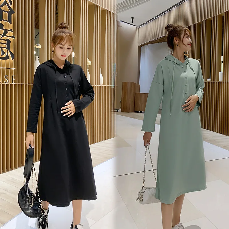 Korean style loose casual maternity nursing dress for pregnant women breastfeeding dress long sleeve hooded feeding dress