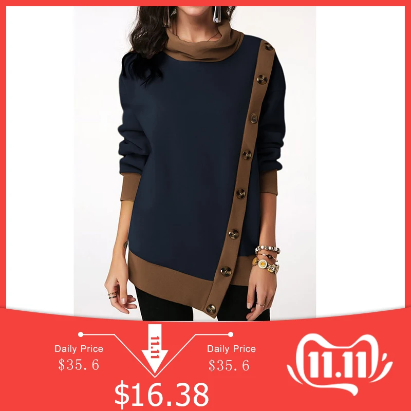 

Fashion Women Hoodie Autumn and Winter Irregular Buttons Patchwork Blus Oversized Sweatshirts Office Retro Hoddy Coat 4XL 5XL