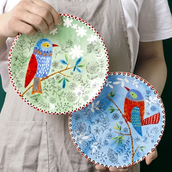 

Ceramic Plate Designed By Birds Painted Main Dish Plate, Large Plate for Western Food Ceramic Tableware Dinner Plates