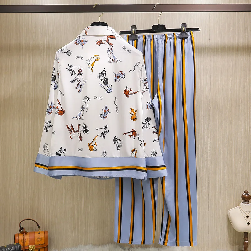 

New Product Ice Silk Pajamas Spring and Summer Long-sleeved Trousers Ladies European and American Shepherd Dog Simulation Silk