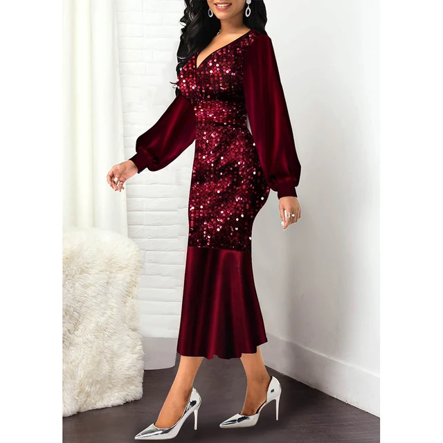 Women's Plus Size Sheath Dress Solid Color V Neck Sequins Long Sleeve Fall Spring Sexy Prom Dress Midi Dress Party Vacation Dress / Party Dress / Ruffle 3