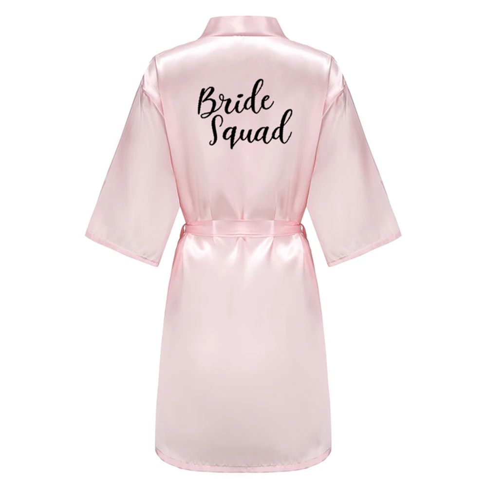 Women Sleepwear Bride Robes Wedding Team Satin Dressing Gowns Black Letter Writing Bathrobe