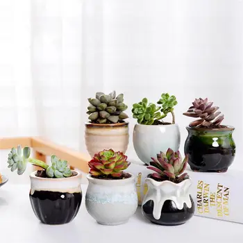 

6pcs Ceramic Succulent Plant Flower Pot Variable Flow Glaze for Home Room Office without Plant