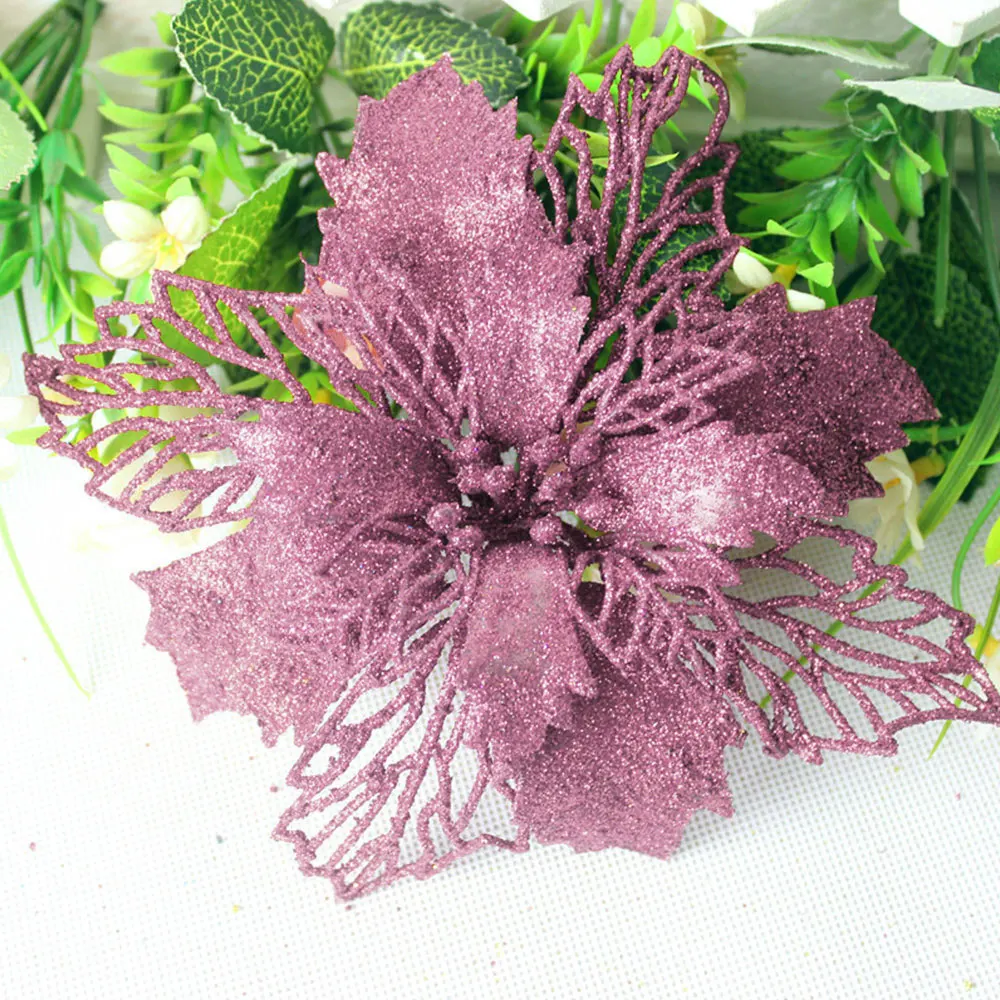 Artificial Christmas Flowers Glitter Poinsettia Fake Home Decor Merry Tree Ornaments Xmas | Дом и сад