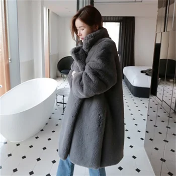 

2019 new fur coat women's anti season treatment mid long winter fur large size imitation Rex rabbit fur soft girl coat