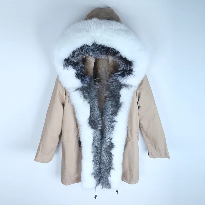 4 light khaki Толстая теплая парка с воротником из натурального Лисьего меха, верхняя одежда с подкладкой из кроличьего меха, новинка, женское водонепроницаемое пальто из натурального меха - Цвет: 4 light khaki