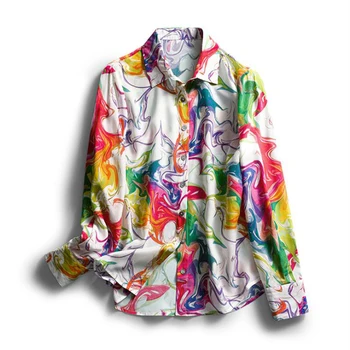 

100% Silk Women's Shirt Turn Down Collar Long Sleeves Printed Blouse High Quality Ladies' Tops