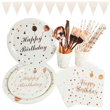 Rosa dorados fiesta Feliz cumpleaños decoración vajilla desechable plato y vaso de papel servilletas primero 1st cumpleaños fiesta bebé ducha