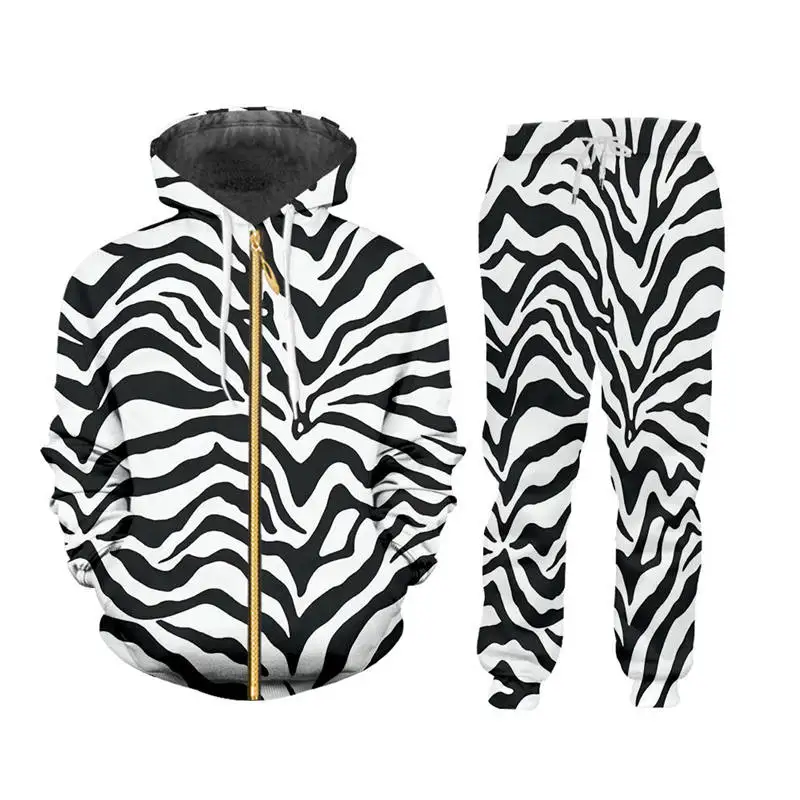 

Custom Oversize S-6XL Men's Sets Luxury 3d Zebra Stripe Print Unisex Athletic Zipper Hoodies Jacket+Joggers Pants 2 Piece set