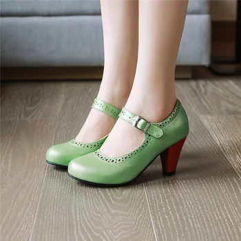 

Fashion Spring 2020 Green Purple Mary Jane Womens Shoes Heels Buckle Office Dress Black Beige High Heel Women Pumps 43