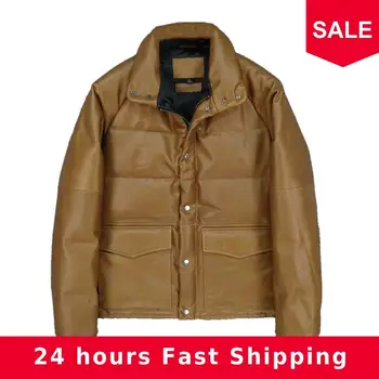 

2020 Brown Men Winter Leather Down Jacket Goose Feather Plus Size XXXXL Genuine Cowhide Russian Thick Warm Natural Down Coat