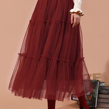 Весенне-зимняя длинная многослойная сетчатая юбка бордового цвета, красного цвета, цвета слоновой кости, белого цвета, винтажная юбка в английском консервативном стиле, многослойная юбка с оборками и эластичным поясом