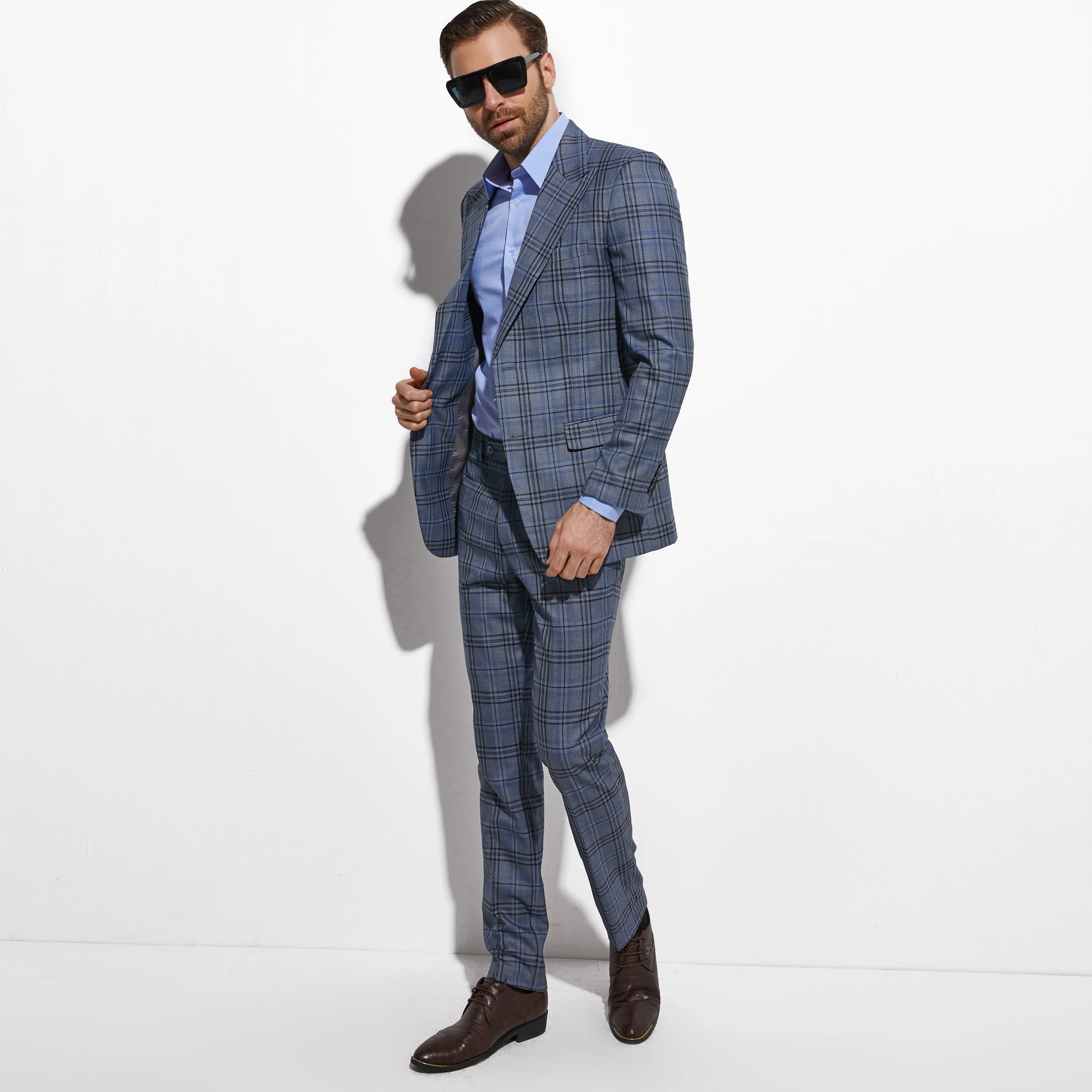 Costume Homme Slim Costumes Sur-mesure Tailor-made Suits Men Fashion Blue Gray Plaid Man Suit Custom Made Glen Plaid Suit Male