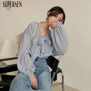 

SuperAen 2020 Spring New Shirts Women Korean Style Cotton Ladies Blouses and Tops Wild Solid Color Fashion Women Clothing