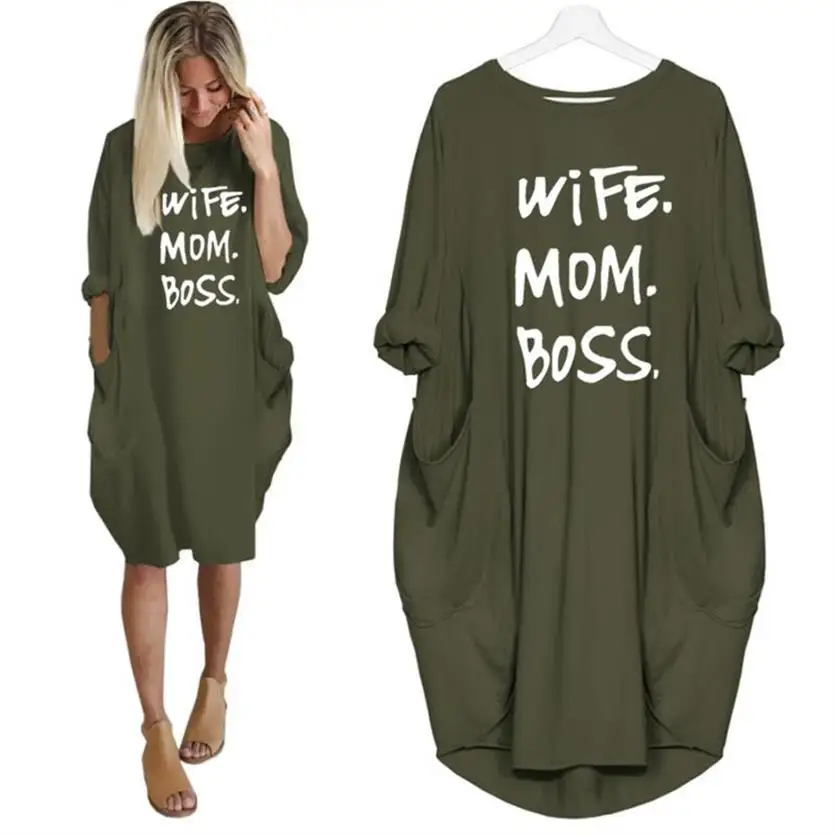 Plus Size 5XL Women Mini Dress Wife Mom Boss Letter Print Long Sleeve Female Dresses Autumn Spring Loose Casual Ladies Vestido