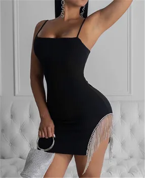 

Fashion New Sexy Women Strap Black Dress Tassels Patchwork Chain Short Pencil Dress Party Formal Asymmetrical Hem Backless Dress