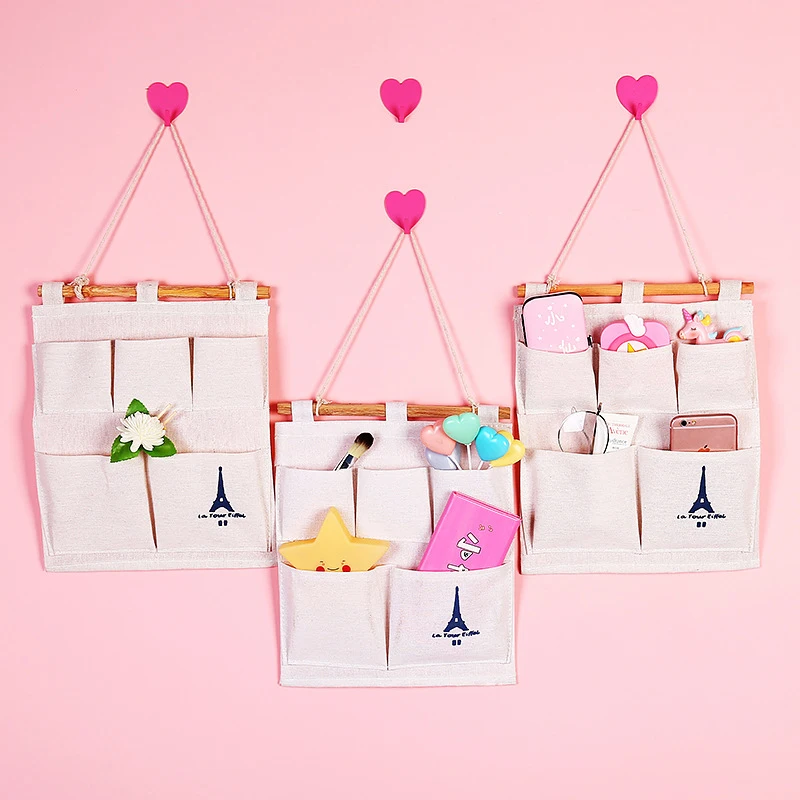

Wall-mounted Storage Bag Cotton And Linen Tower Hanging Bags 5 Pocket Storage Bags Living Room Storage Cloth Debris Storage