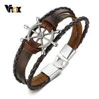 Vnox Vintage Rudder Charm Bracelet for Men Multi-layer Leather Rope Bracelets Bangles 7.87