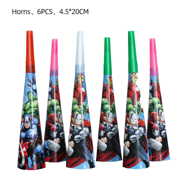 The Avengers Design Boys Birthday Party Decorations Balloon Paper Cups Plates Baby Shower Disposable Tableware Supplies horn 6pcs