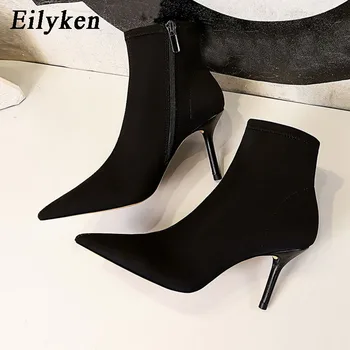

Eilyken 2020 Spring Autumn Fashion Stretch Fabric Women Ankle Socks Boots Pointed Toe Heels Shoes Female Zip Nightclub Pumps
